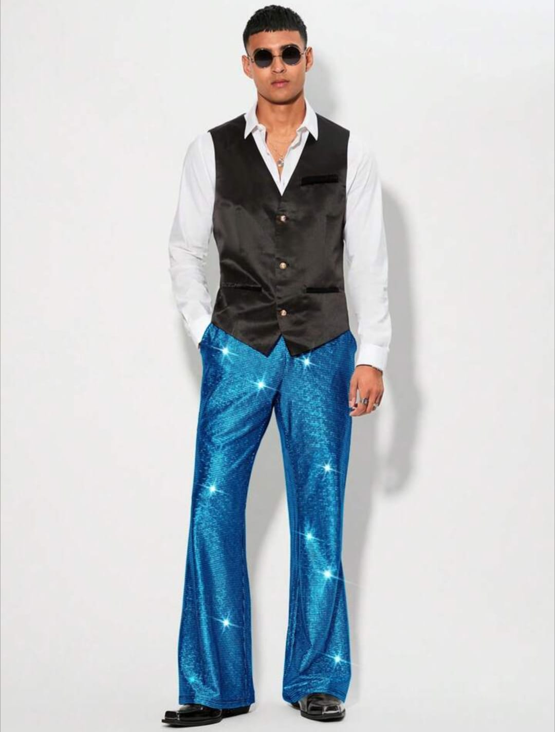 Men's Sparkling Blue Sequin Wide-Leg Trousers – Party & Stage Performance Pants
